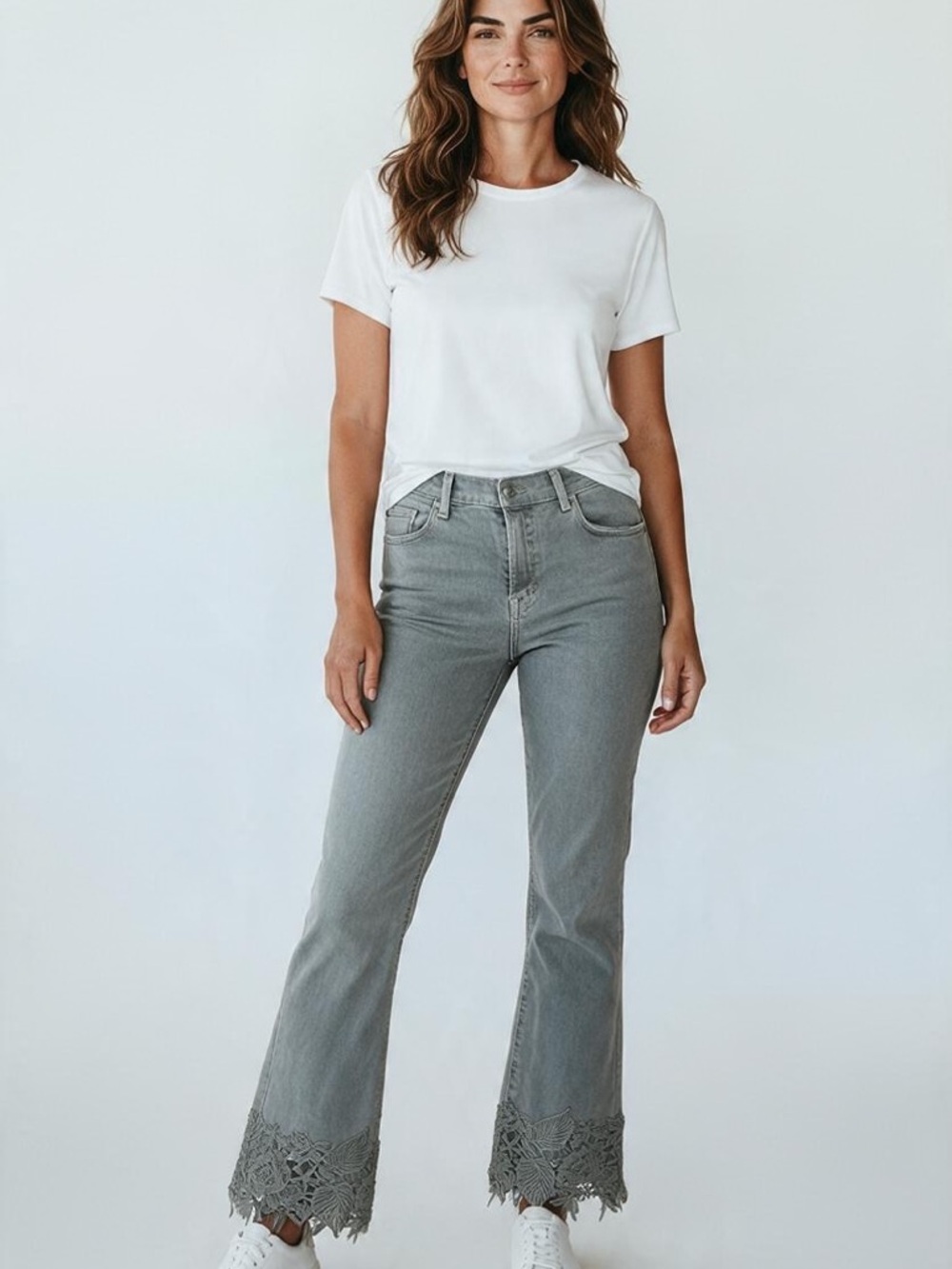 J Brand Gray Flare Jeans with Crochet Hem